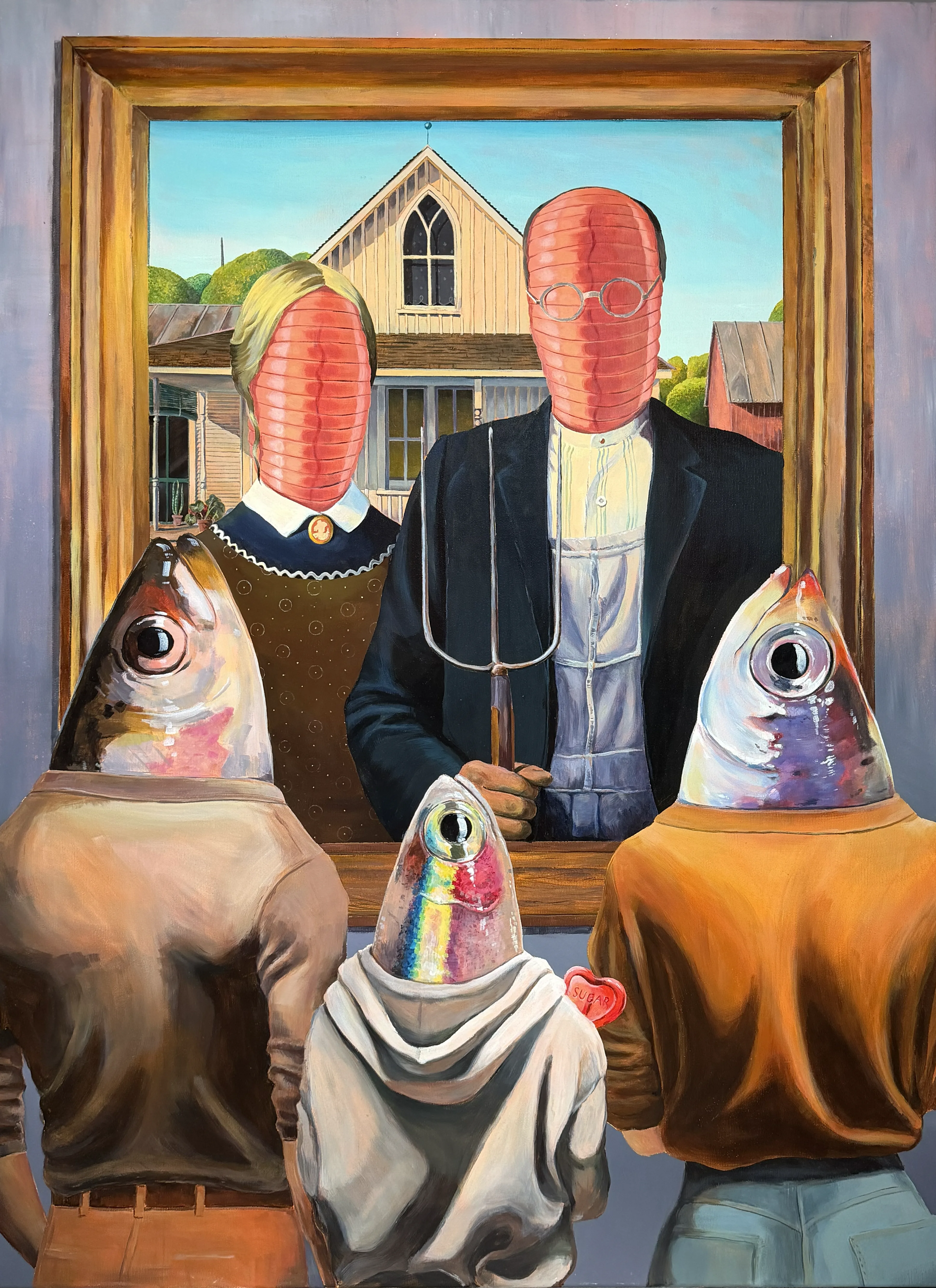 Fish looking at Grant Wormth's painting "Baited Gothic"