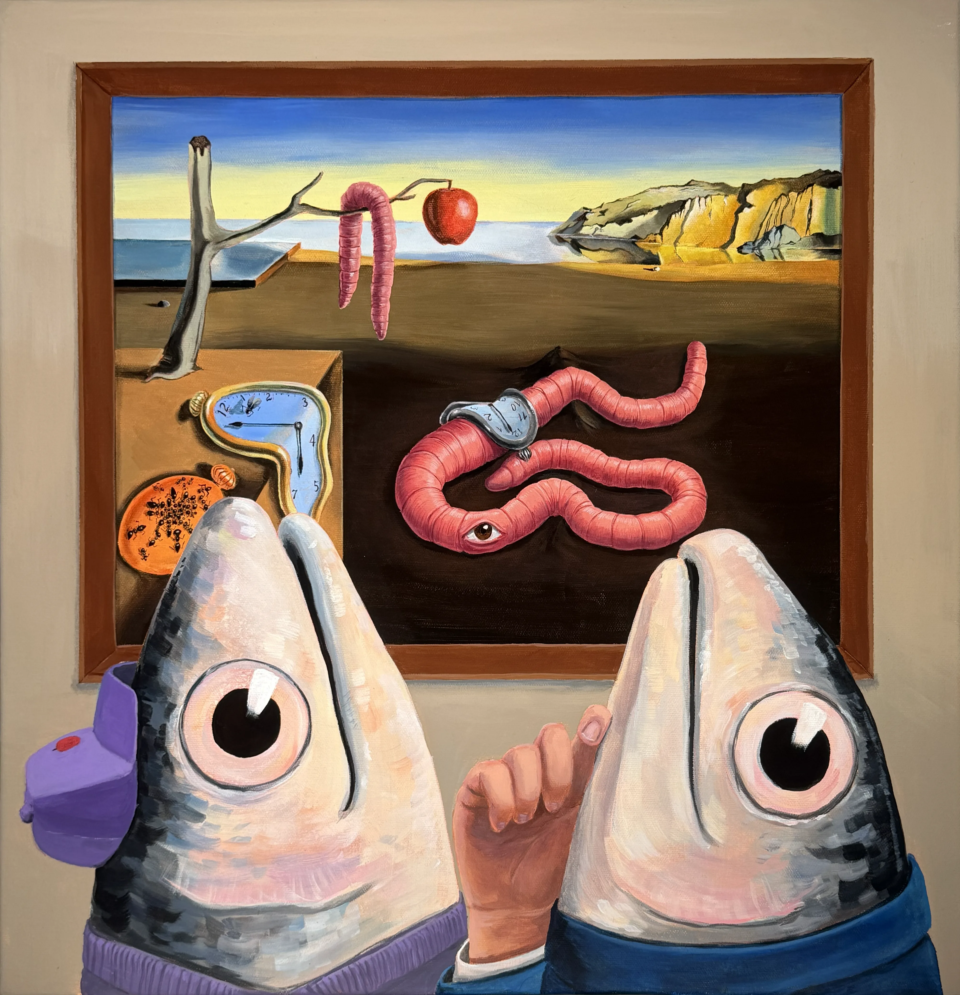 Fish looking at Salvador Wormi's painting "The Persistence of Worms"