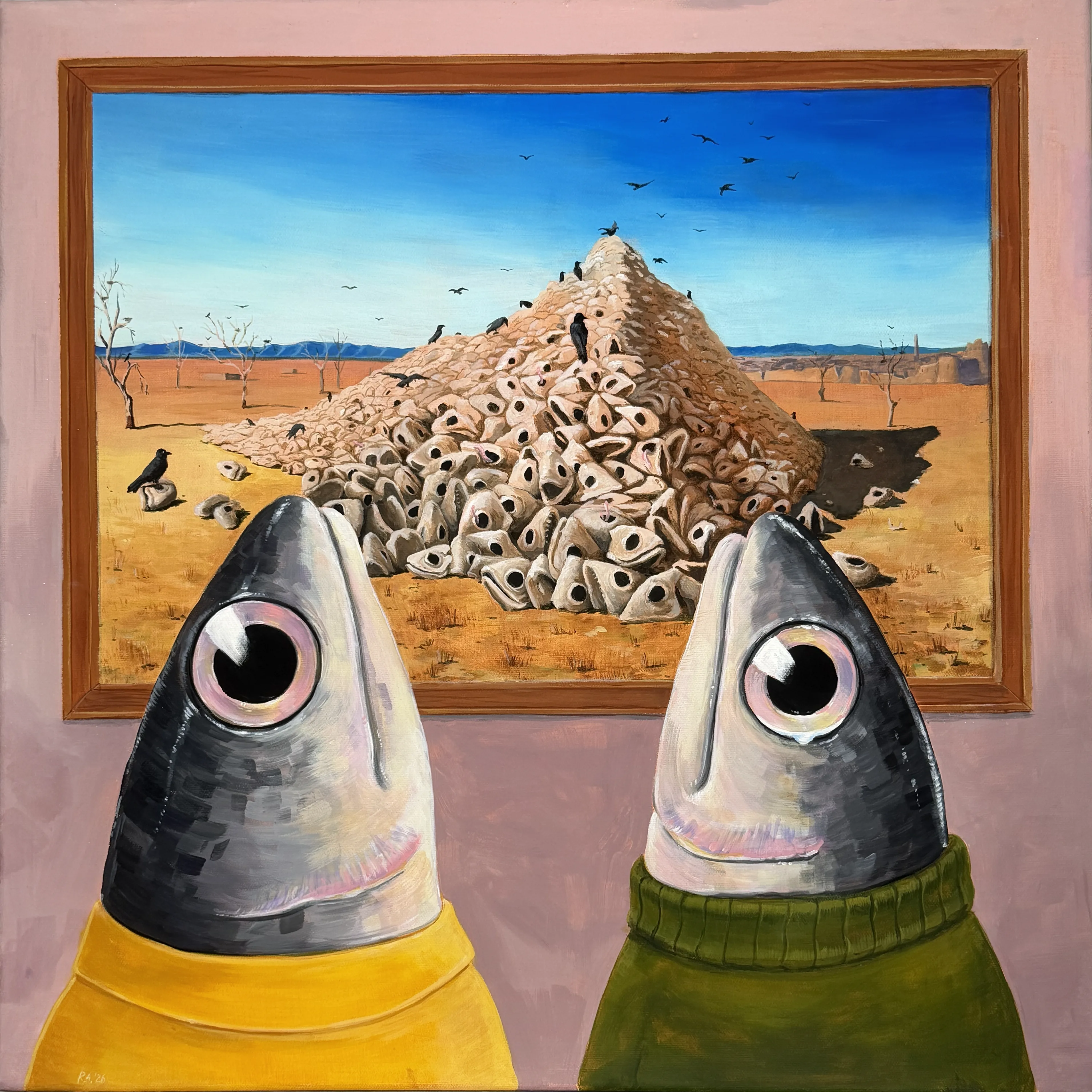 Fish looking at Vasily Wormeshchagin's painting "War Feeds the Worm"