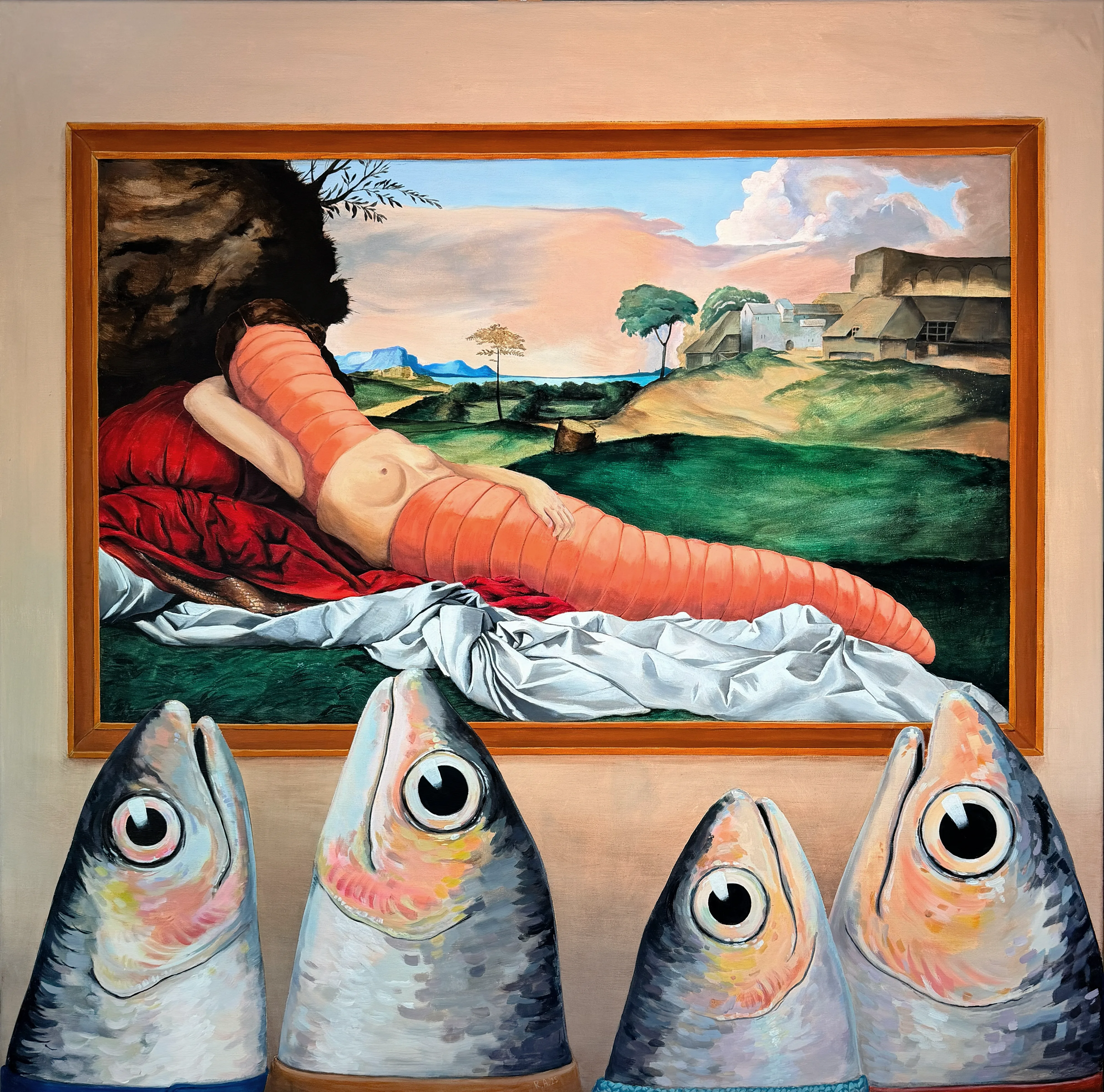 Fish looking at Wormgione's painting "The Sleep of Wormena"